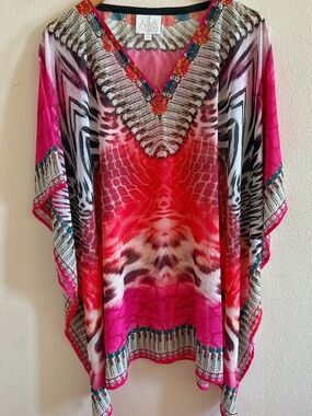 ASA Kaftan Beaded V-Neck Pink Red Print Resort Cover Up Size L